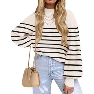imageZESICA Womens Fall Fashion Turtleneck Long Sleeve Striped Ribbed Knit Loose Pullover Sweater TopsApricot