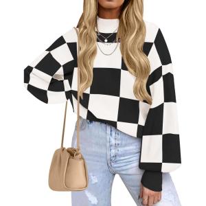 imageZESICA Womens Fall Fashion Turtleneck Long Sleeve Striped Ribbed Knit Loose Pullover Sweater TopsBlackplaid