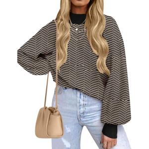 imageZESICA Womens Fall Fashion Turtleneck Long Sleeve Striped Ribbed Knit Loose Pullover Sweater TopsBrownstripe