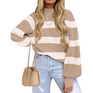 imageZESICA Womens Fall Fashion Turtleneck Long Sleeve Striped Ribbed Knit Loose Pullover Sweater TopsCamel