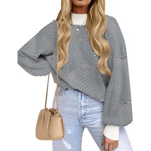 imageZESICA Womens Fall Fashion Turtleneck Long Sleeve Striped Ribbed Knit Loose Pullover Sweater TopsCarbon