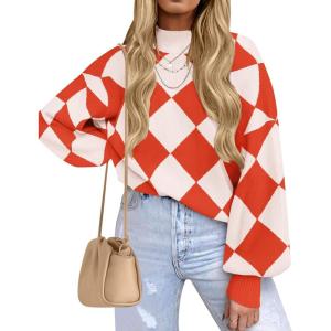 imageZESICA Womens Fall Fashion Turtleneck Long Sleeve Striped Ribbed Knit Loose Pullover Sweater TopsCoral