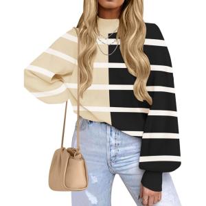 imageZESICA Womens Fall Fashion Turtleneck Long Sleeve Striped Ribbed Knit Loose Pullover Sweater TopsCream