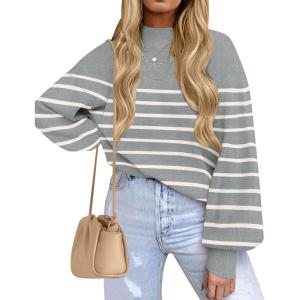 imageZESICA Womens Fall Fashion Turtleneck Long Sleeve Striped Ribbed Knit Loose Pullover Sweater TopsGrey