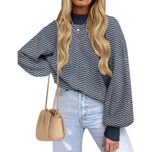 imageZESICA Womens Fall Fashion Turtleneck Long Sleeve Striped Ribbed Knit Loose Pullover Sweater TopsNavystripe