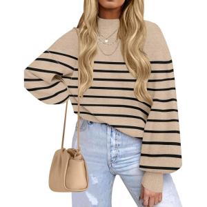 imageZESICA Womens Fall Fashion Turtleneck Long Sleeve Striped Ribbed Knit Loose Pullover Sweater TopsOatmeal