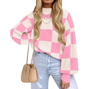 imageZESICA Womens Fall Fashion Turtleneck Long Sleeve Striped Ribbed Knit Loose Pullover Sweater TopsPinkplaid