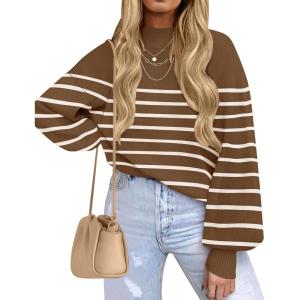 imageZESICA Womens Fall Fashion Turtleneck Long Sleeve Striped Ribbed Knit Loose Pullover Sweater TopsTan
