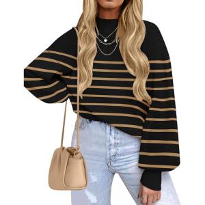imageZESICA Womens Fall Fashion Turtleneck Long Sleeve Striped Ribbed Knit Loose Pullover Sweater TopsTaupe