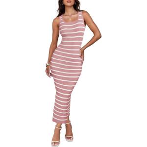 imageZESICA Womens Summer Square Neck Bodycon Midi Dresses 2025 Casual Sleeveless Ribbed Knit Striped Beach Vacation Long DressPink