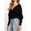 imageZESICA Womens Fall Wrap V Neck Long Batwing Sleeve Belted Waist Ruffle Knitted Sweater Pullover TopBlack
