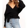 imageZESICA Womens Fall Wrap V Neck Long Batwing Sleeve Belted Waist Ruffle Knitted Sweater Pullover TopBlack