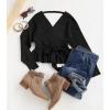 imageZESICA Womens Fall Wrap V Neck Long Batwing Sleeve Belted Waist Ruffle Knitted Sweater Pullover TopBlack