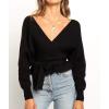 imageZESICA Womens Fall Wrap V Neck Long Batwing Sleeve Belted Waist Ruffle Knitted Sweater Pullover TopBlack