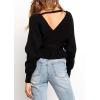 imageZESICA Womens Fall Wrap V Neck Long Batwing Sleeve Belted Waist Ruffle Knitted Sweater Pullover TopBlack