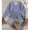 imageZESICA Womens Fall Wrap V Neck Long Batwing Sleeve Belted Waist Ruffle Knitted Sweater Pullover TopBlue