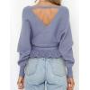 imageZESICA Womens Fall Wrap V Neck Long Batwing Sleeve Belted Waist Ruffle Knitted Sweater Pullover TopBlue
