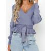 imageZESICA Womens Fall Wrap V Neck Long Batwing Sleeve Belted Waist Ruffle Knitted Sweater Pullover TopBlue