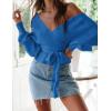 imageZESICA Womens Fall Wrap V Neck Long Batwing Sleeve Belted Waist Ruffle Knitted Sweater Pullover TopBrightblue