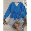 imageZESICA Womens Fall Wrap V Neck Long Batwing Sleeve Belted Waist Ruffle Knitted Sweater Pullover TopBrightblue