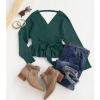 imageZESICA Womens Fall Wrap V Neck Long Batwing Sleeve Belted Waist Ruffle Knitted Sweater Pullover TopGreen