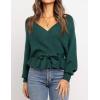 imageZESICA Womens Fall Wrap V Neck Long Batwing Sleeve Belted Waist Ruffle Knitted Sweater Pullover TopGreen