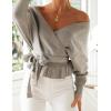 imageZESICA Womens Fall Wrap V Neck Long Batwing Sleeve Belted Waist Ruffle Knitted Sweater Pullover TopGrey