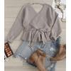 imageZESICA Womens Fall Wrap V Neck Long Batwing Sleeve Belted Waist Ruffle Knitted Sweater Pullover TopGrey