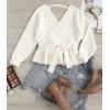 imageZESICA Womens Fall Wrap V Neck Long Batwing Sleeve Belted Waist Ruffle Knitted Sweater Pullover TopIvory