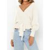 imageZESICA Womens Fall Wrap V Neck Long Batwing Sleeve Belted Waist Ruffle Knitted Sweater Pullover TopIvory