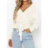imageZESICA Womens Fall Wrap V Neck Long Batwing Sleeve Belted Waist Ruffle Knitted Sweater Pullover TopIvory