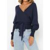 imageZESICA Womens Fall Wrap V Neck Long Batwing Sleeve Belted Waist Ruffle Knitted Sweater Pullover TopNavy