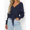 imageZESICA Womens Fall Wrap V Neck Long Batwing Sleeve Belted Waist Ruffle Knitted Sweater Pullover TopNavy