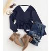 imageZESICA Womens Fall Wrap V Neck Long Batwing Sleeve Belted Waist Ruffle Knitted Sweater Pullover TopNavy
