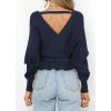 imageZESICA Womens Fall Wrap V Neck Long Batwing Sleeve Belted Waist Ruffle Knitted Sweater Pullover TopNavy