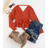imageZESICA Womens Fall Wrap V Neck Long Batwing Sleeve Belted Waist Ruffle Knitted Sweater Pullover TopOrange