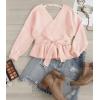imageZESICA Womens Fall Wrap V Neck Long Batwing Sleeve Belted Waist Ruffle Knitted Sweater Pullover TopPink