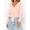 imageZESICA Womens Fall Wrap V Neck Long Batwing Sleeve Belted Waist Ruffle Knitted Sweater Pullover TopPink