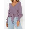 imageZESICA Womens Fall Wrap V Neck Long Batwing Sleeve Belted Waist Ruffle Knitted Sweater Pullover TopPurple