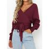 imageZESICA Womens Fall Wrap V Neck Long Batwing Sleeve Belted Waist Ruffle Knitted Sweater Pullover TopWine