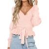imageZESICA Womens Fall Wrap V Neck Long Batwing Sleeve Belted Waist Ruffle Knitted Sweater Pullover TopPink