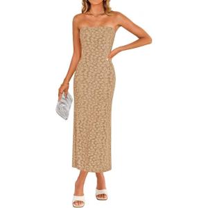 imageZESICA Womens 2025 Summer Boho Floral Strapless Bodycon Dress Off Shoulder Tube Beach Party Long Midi DressesKhaki
