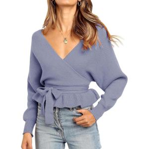 imageZESICA Womens Fall Wrap V Neck Long Batwing Sleeve Belted Waist Ruffle Knitted Sweater Pullover TopBlue