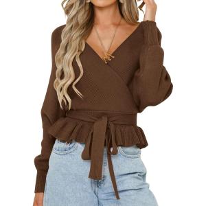 imageZESICA Womens Fall Wrap V Neck Long Batwing Sleeve Belted Waist Ruffle Knitted Sweater Pullover TopBrown