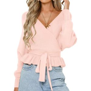 imageZESICA Womens Fall Wrap V Neck Long Batwing Sleeve Belted Waist Ruffle Knitted Sweater Pullover TopPink