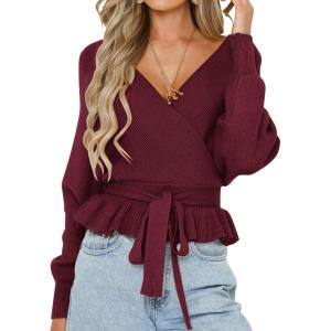 imageZESICA Womens Fall Wrap V Neck Long Batwing Sleeve Belted Waist Ruffle Knitted Sweater Pullover TopWine