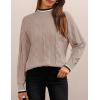 imageZESICA Womens Casual Long Sleeve Mock Neck Cable Knit Contrast Color Fall Winter Chunky Pullover SweaterAlmond