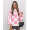 imageZESICA Womens Casual Turtleneck Long Lantern Sleeve Oversized Ribbed Knit Pullover Sweater Jumper TopPinkplaid