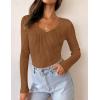 imageZESICA Womens Fall Long Sleeve V Neck T Shirts Ribbed Knit Sweater Slim Fit Solid Basic Casual Tee TopsBrown