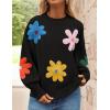imageZESICA Womens Long Puff Sleeve Sweaters Casual Crewneck Ribbed Knit Flower Color Block Loose Pullover TopsBlack
